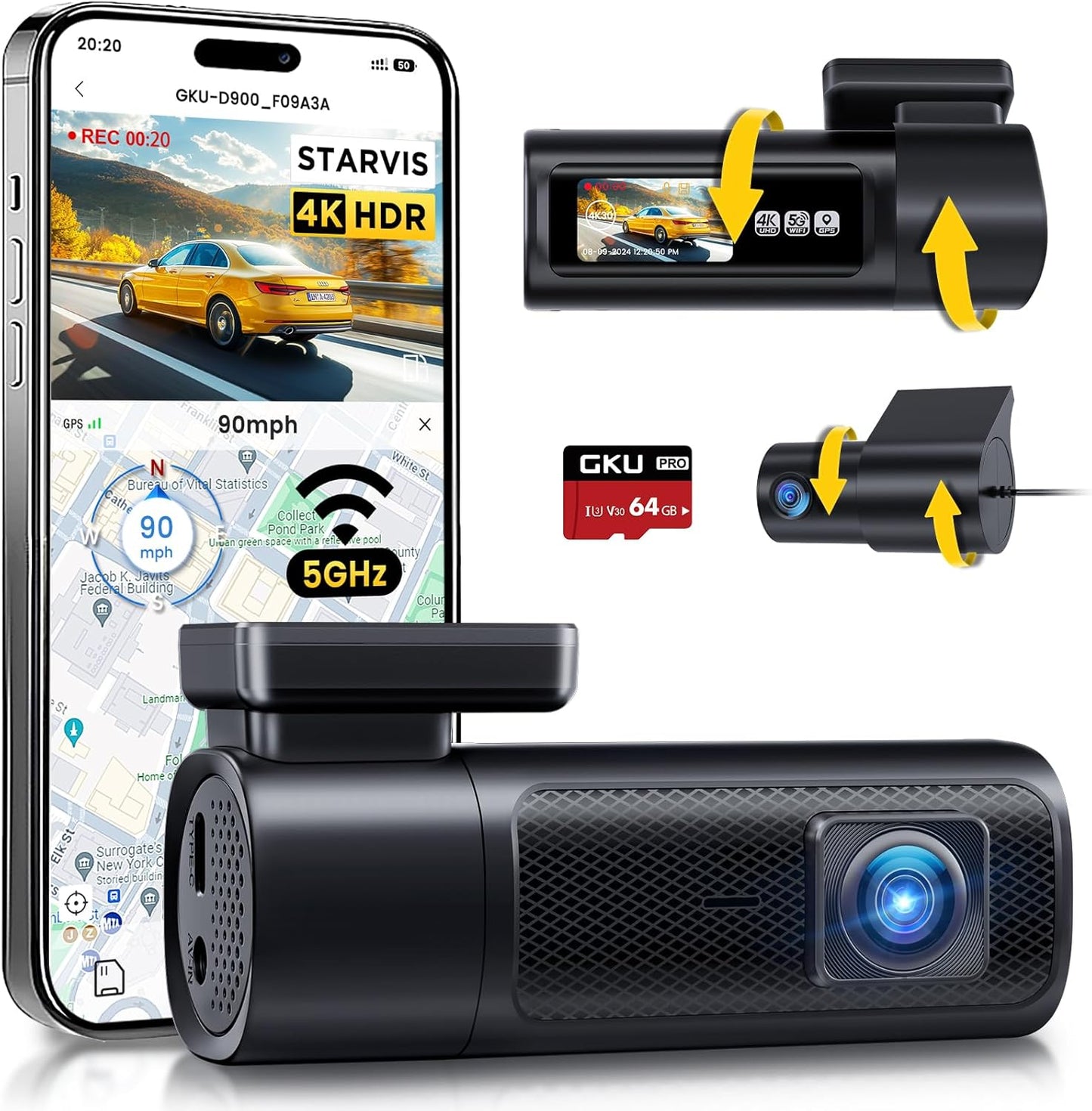 Enhanced 4K Dual Dash Cam, STARVIS Sensor, WiFi GPS, Night Vision