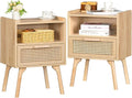 Rattan Nightstands Set of 2 with Drawer and Open Shelf Design