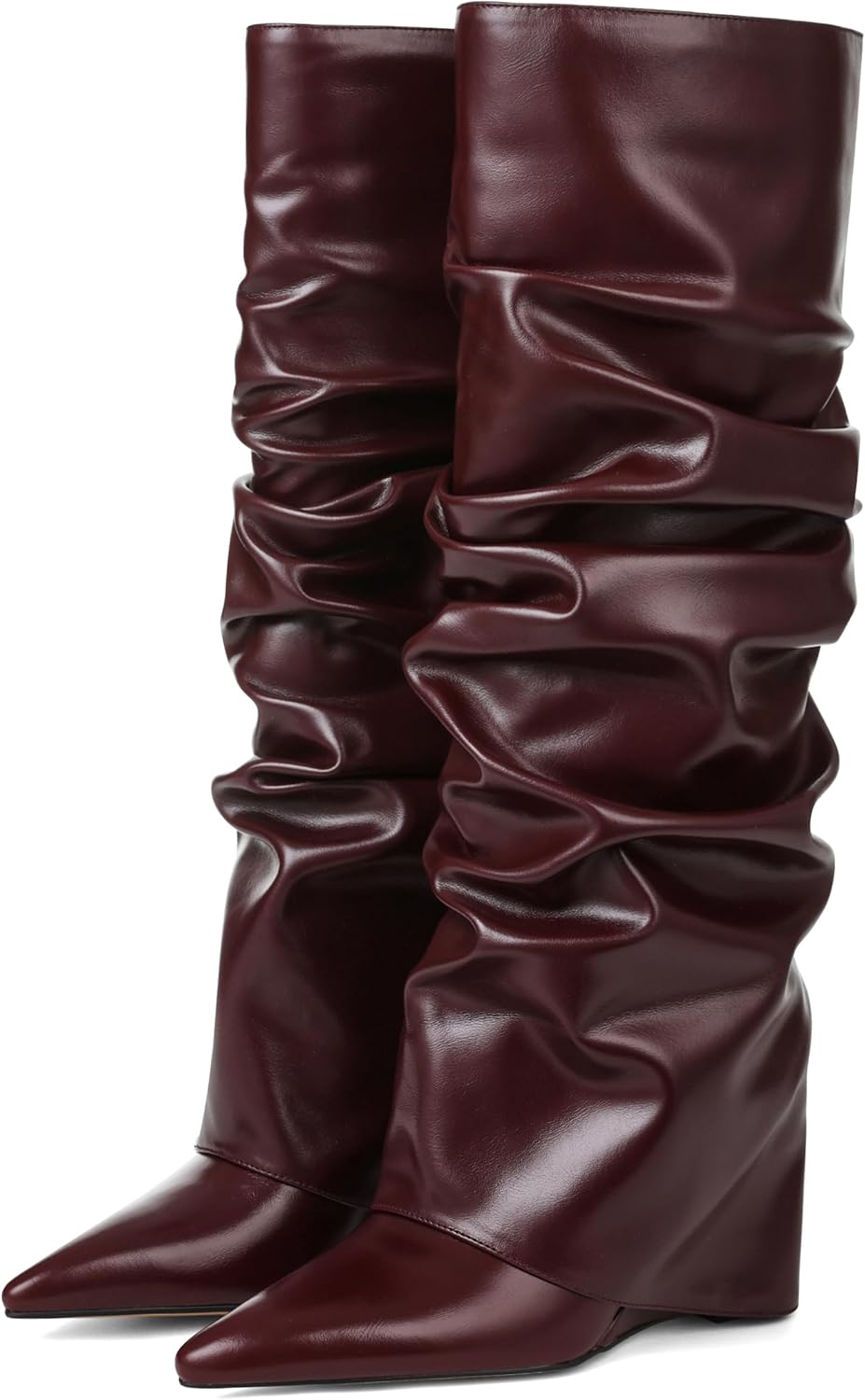Oiamenne Women's Fold Over Slouch Knee High Wedge Heel Boots