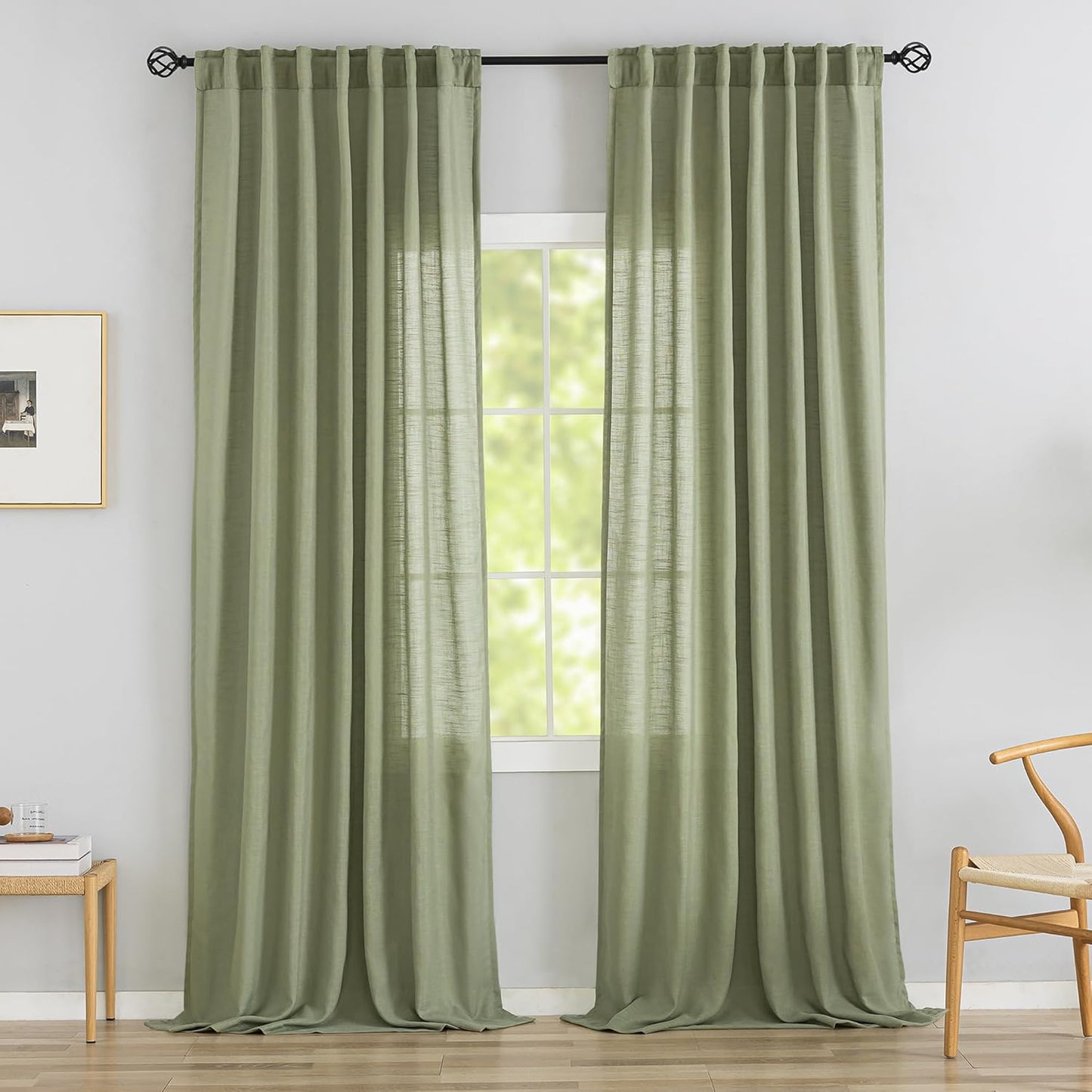 DONREN Sage Green Linen Back Tab Curtains for Large Windows