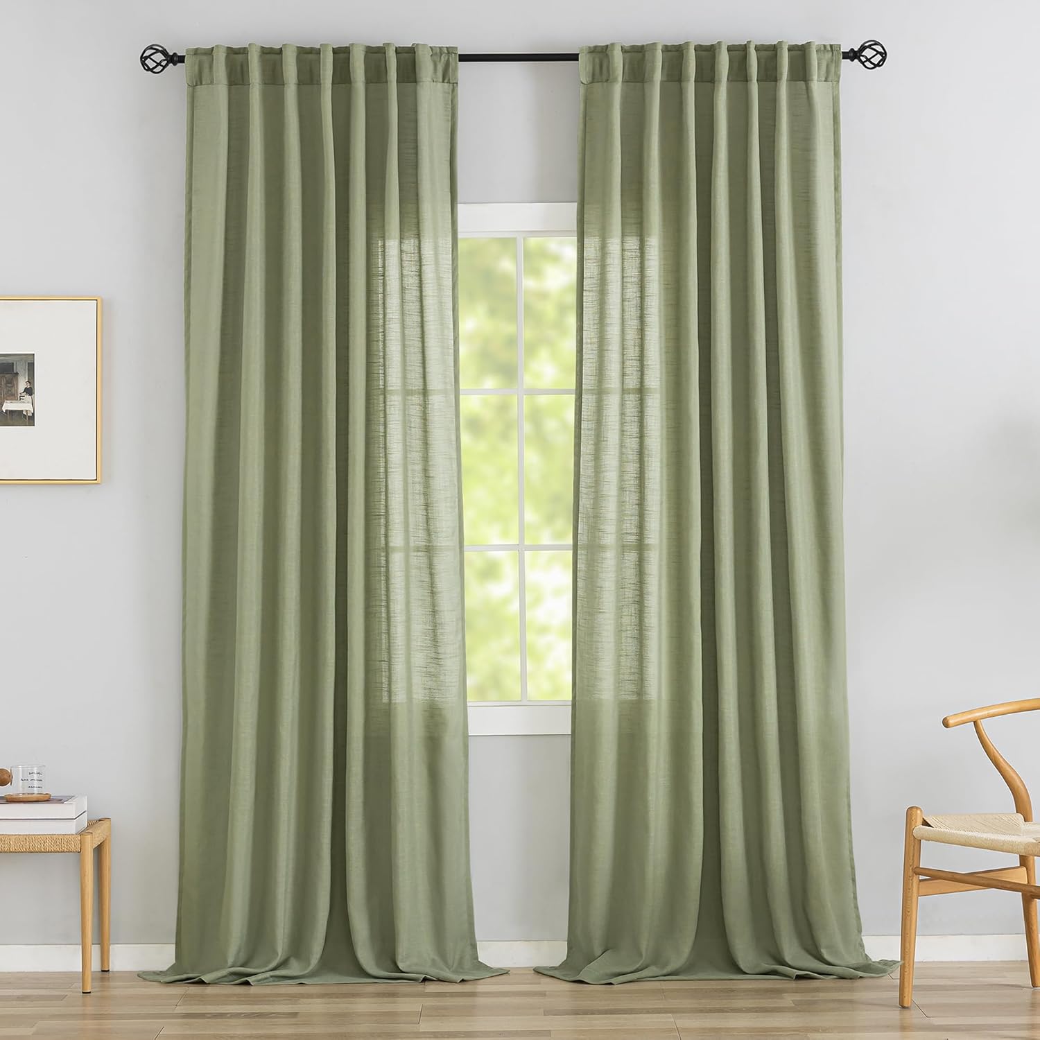 DONREN Sage Green Linen Back Tab Curtains for Elegant Homes