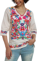 Women's Embroidered Mexican Shirt Blouse - Lightweight Cotton V Neck