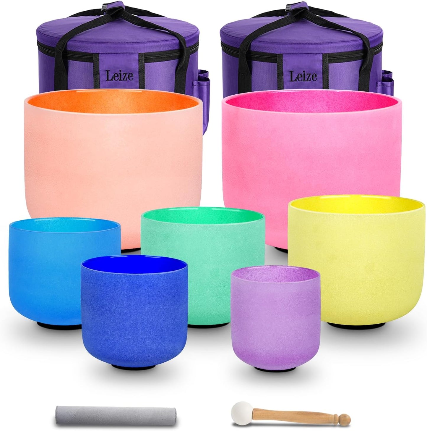 Leize Chakra Tuned 432hz Set of 7 Color Quartz Singing Bowls