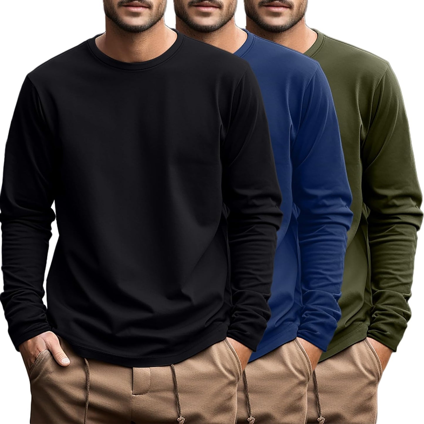 Men's Big and Tall Long Sleeve Cotton Tee 3 Pack for Comfort