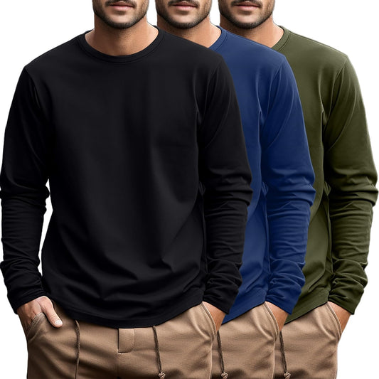 Ficerd 3 Pack Men's Big and Tall Long Sleeve Cotton Tees