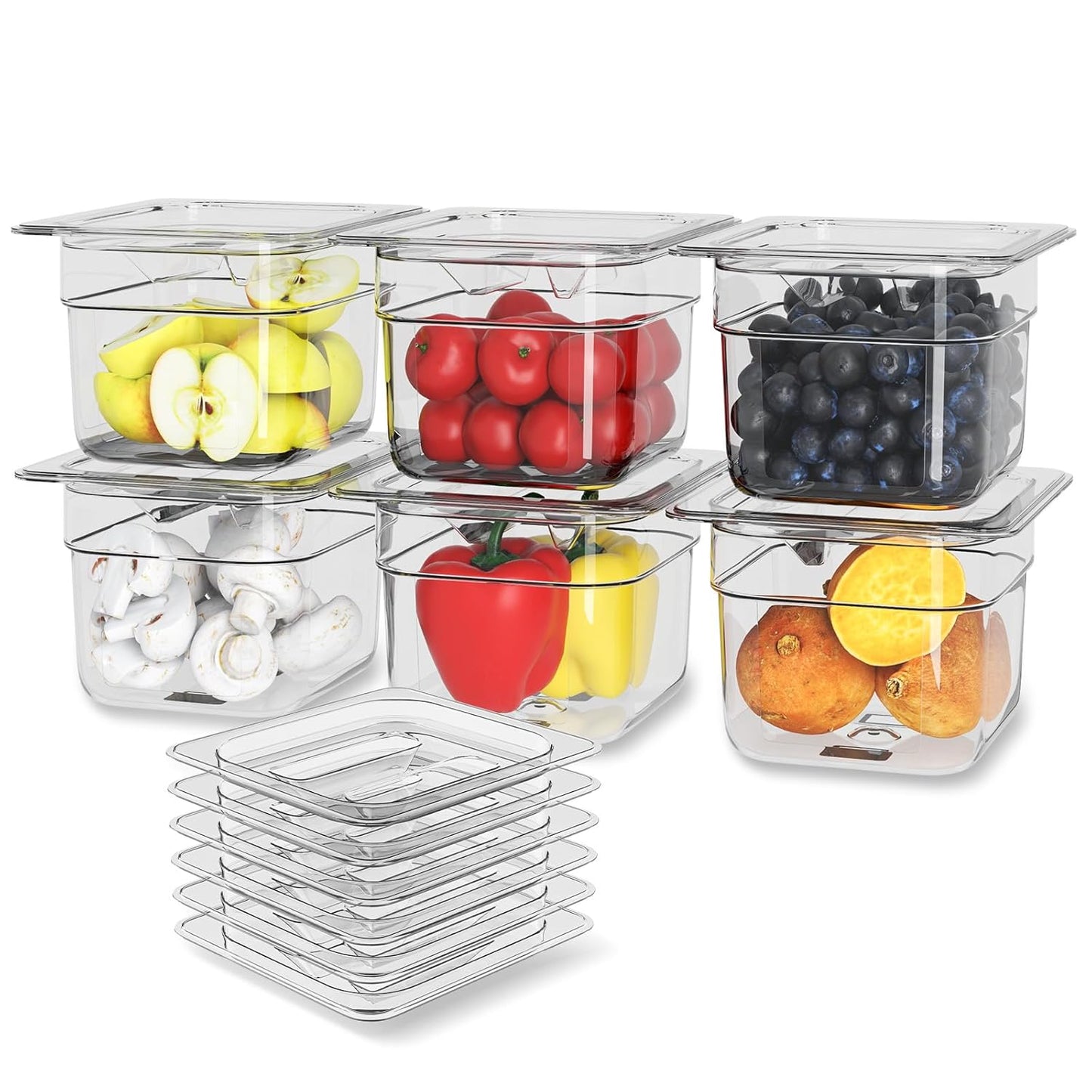 6 Pack Plastic Food Pan with Lid 1/6 Size 4 Inch Deep