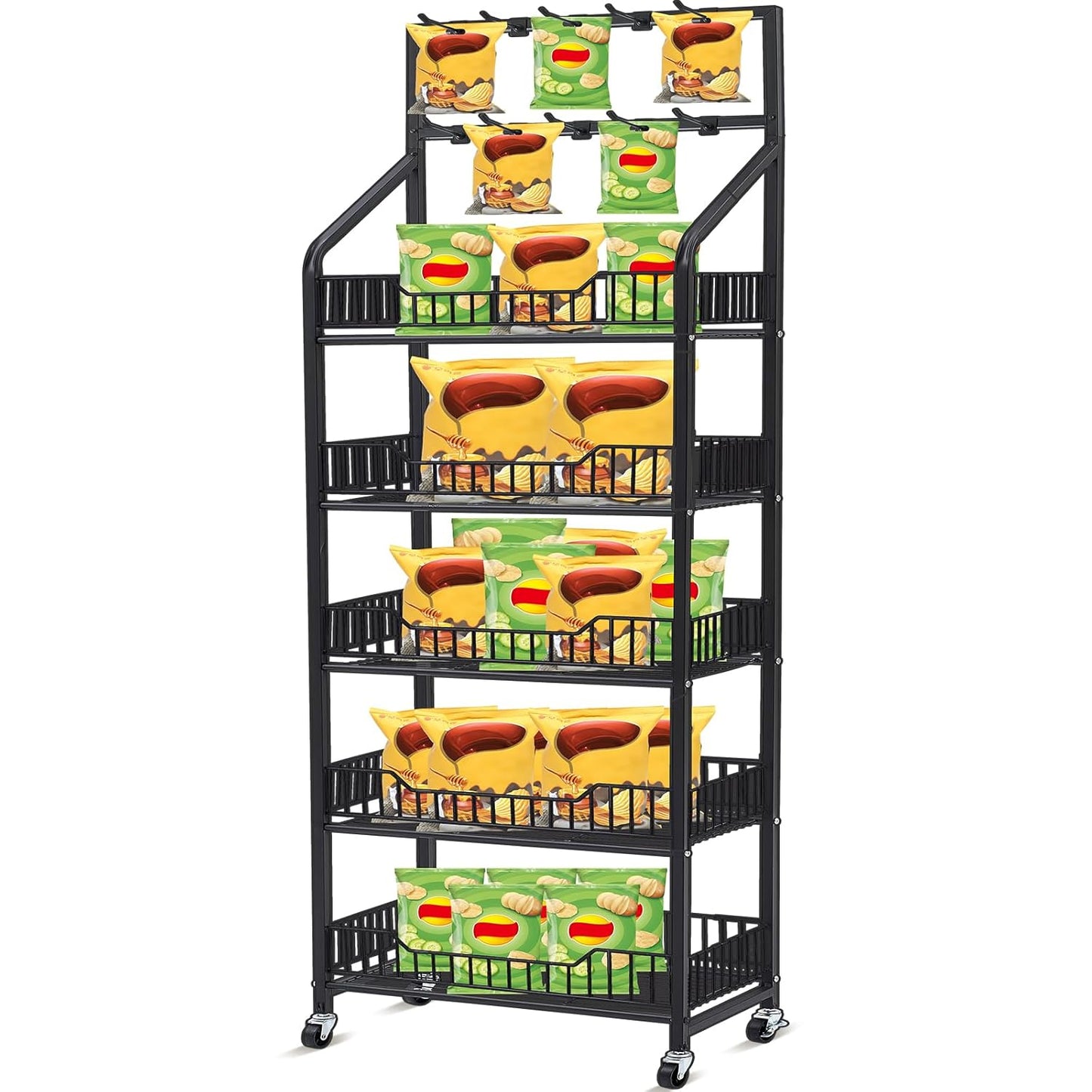 Heavy-Duty Metal Snack Display Rack with Wheels and Hooks