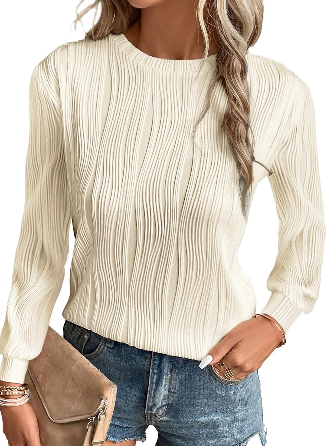 Trendy Dressy Casual Long Sleeve Crewneck Tops for Women