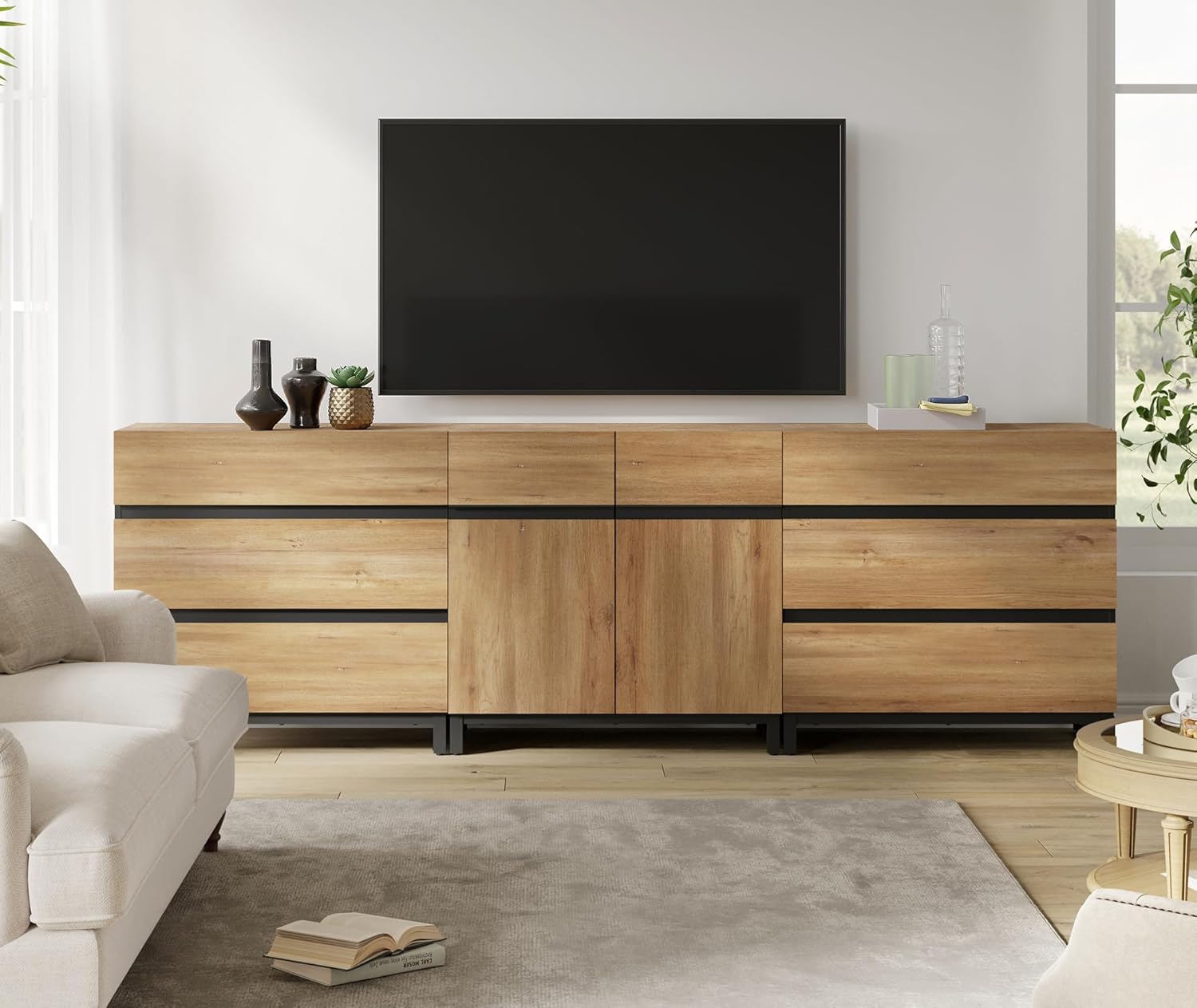WAMPAT TV Stand - 100 Inch TVs, 3-in-1 Console, 6 Drawers