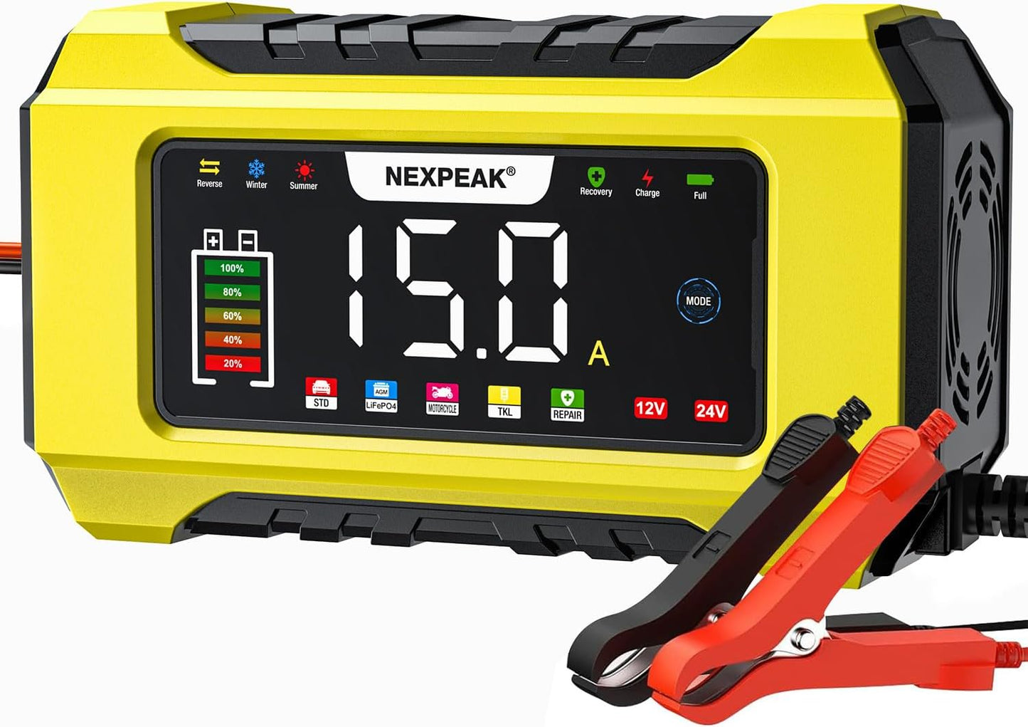 NEXPEAK NC215 15-Amp Battery Charger for 12V 24V Batteries