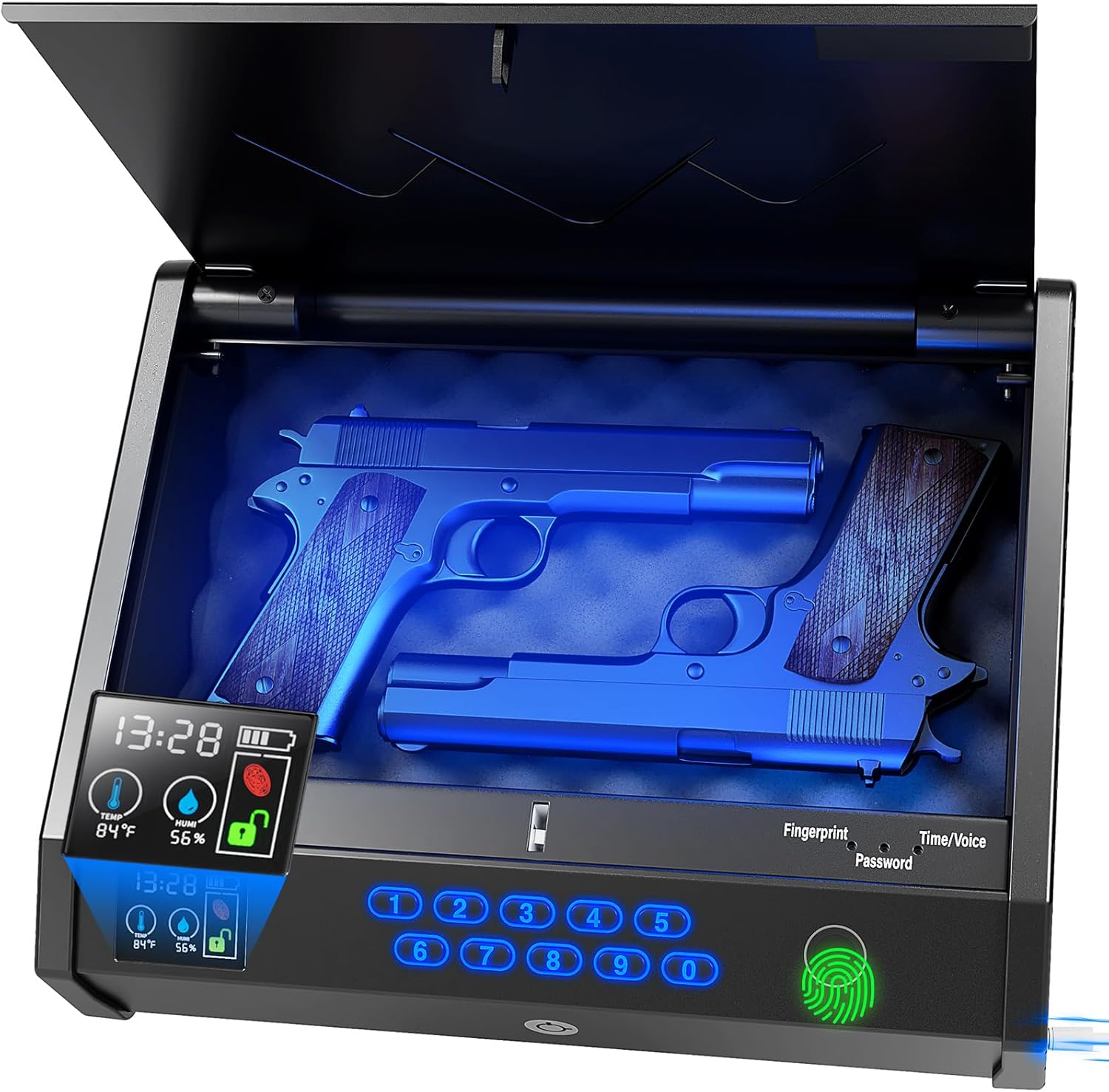 Biometric Pistol Safe with LCD Display and USB Port Access