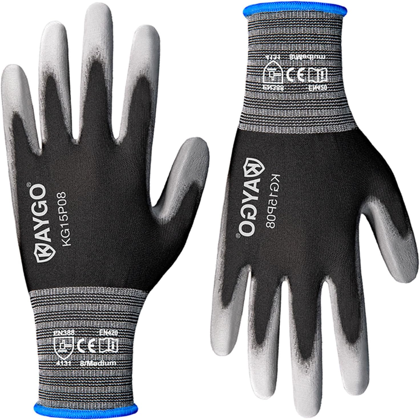 KAYGO PU Coated Work Gloves - 12 Pairs, Flexible & Safe for DIY