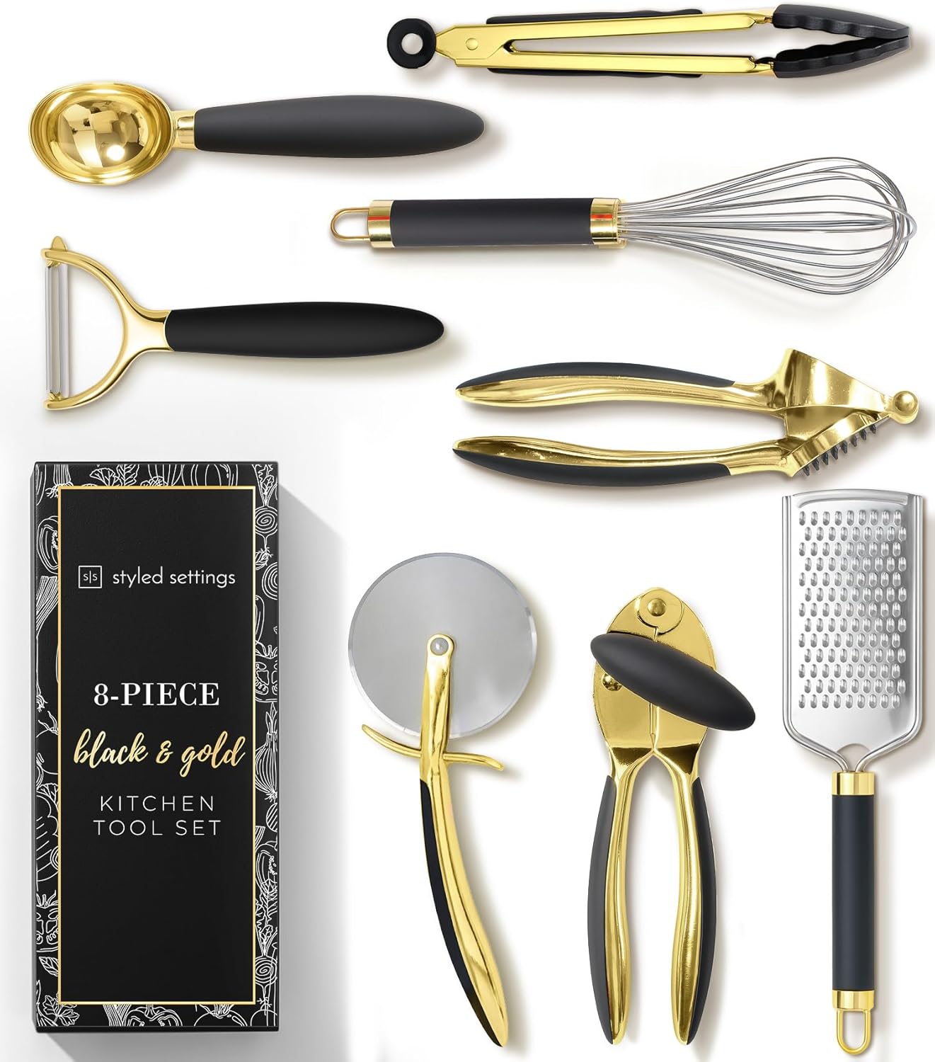 Black and Gold Kitchen Utensils Set - 8 Piece Luxe Tools