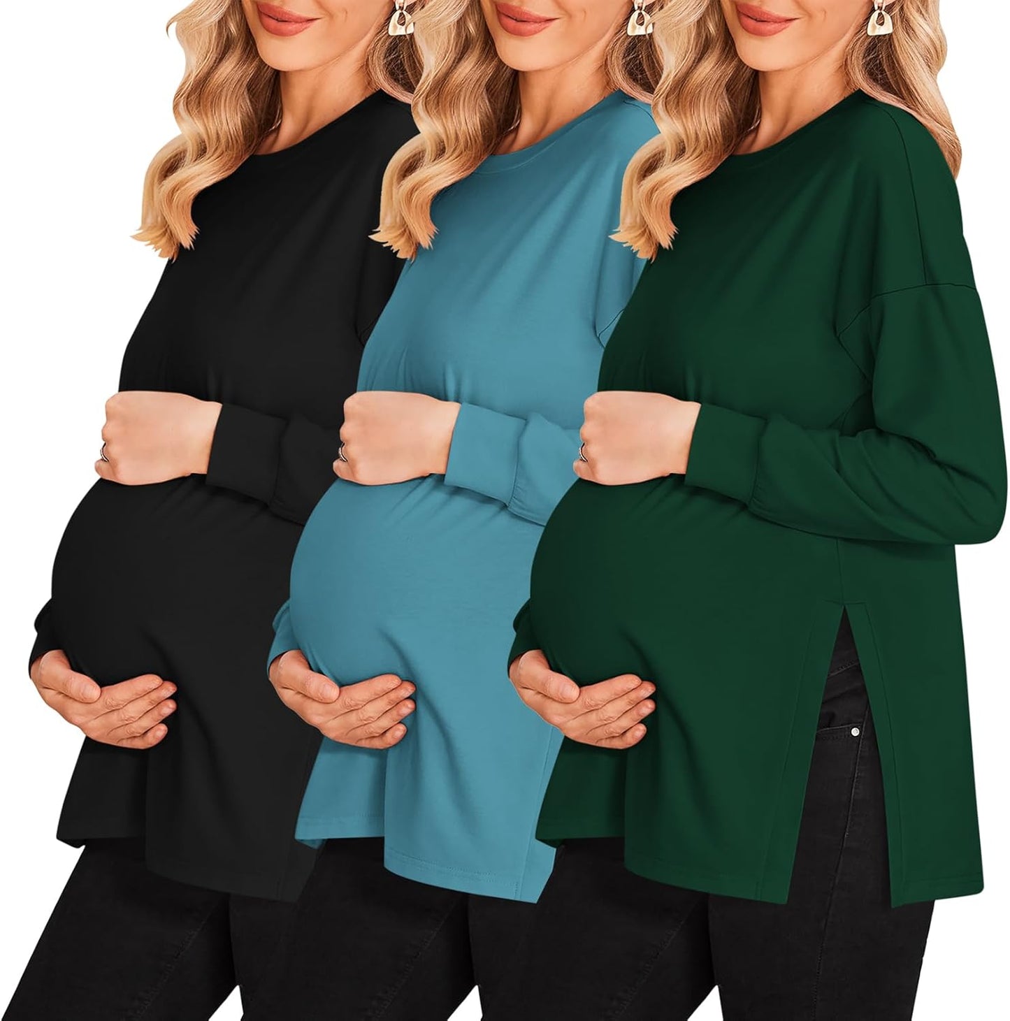Ekouaer Maternity Shirts 3 Pack Long Sleeve Side Ruched Tee