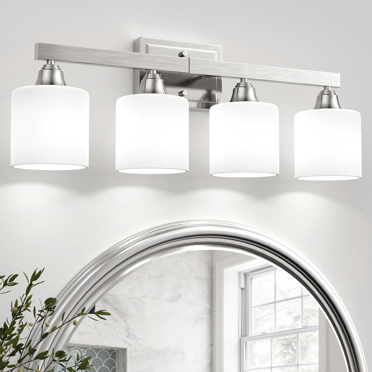 Modern 4-Light Bathroom Vanity Light Fixtures with Milky Glass Shades