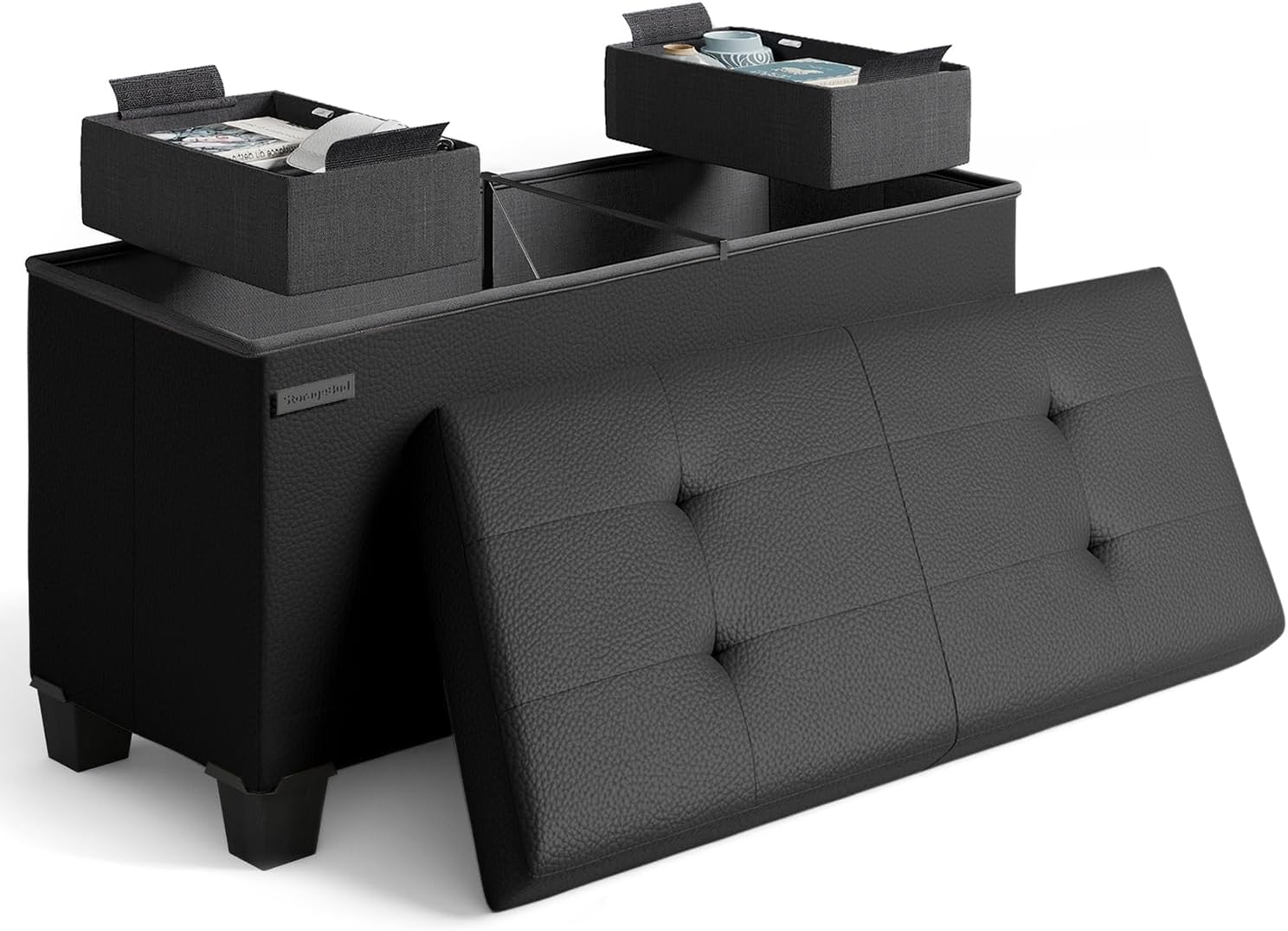 Storage Ottoman Bench with Bins for Bedroom and Living Room