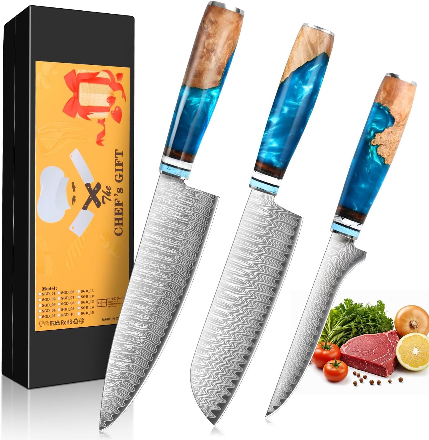 Kuwata Chef Knife Set Damascus: Professional VG-10 Kitchen Knives