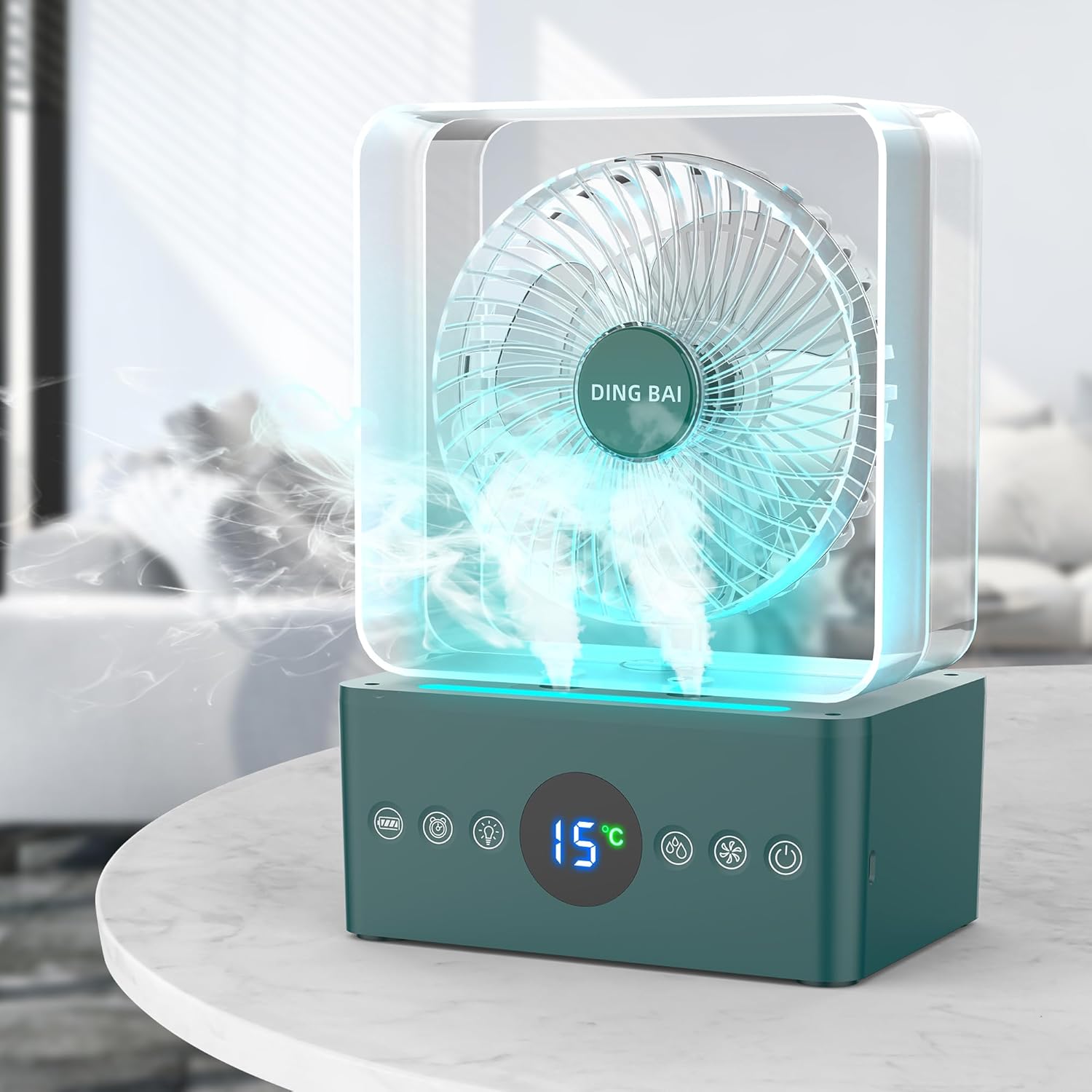 DINGBAI Portable Misting Fan with Internal Battery - 5 Light Modes & Indoor Thermometer
