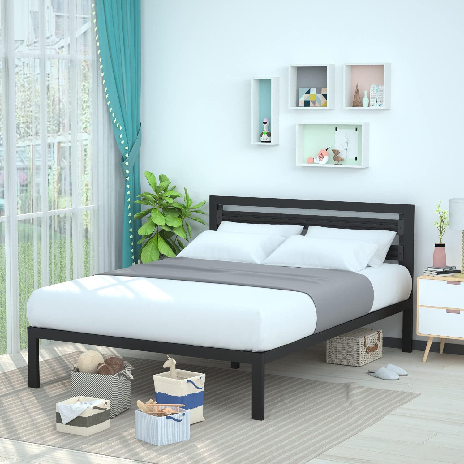 Industrial Metal Bed Frame with Headboard and Wood Slats, Queen