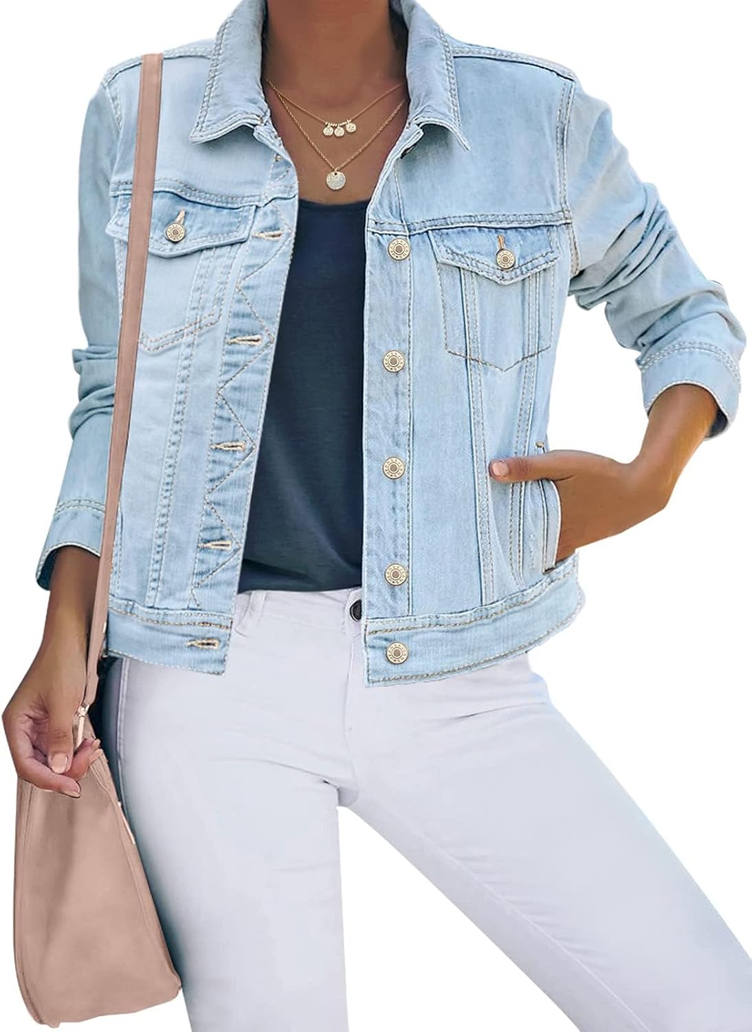 Luvamia Women's Basic Button Down Stretch Fitted Denim Jacket
