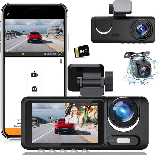 QNY 3 Channel Dash Cam: Full HD 1080P, 170 Wide Angle, G-Sensor
