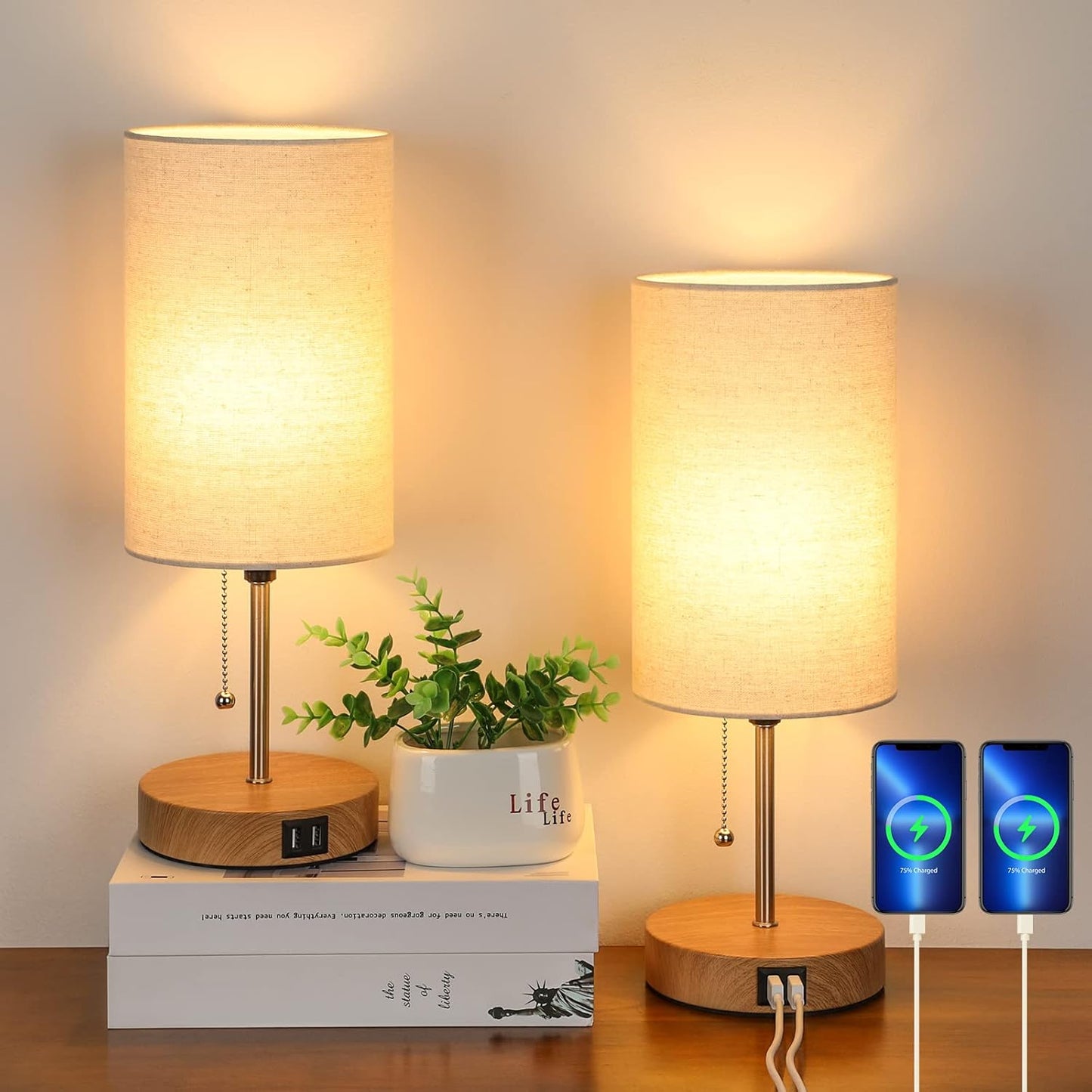 Set of 2 Modern Bedside Table Lamps with USB Ports and Pull Chain