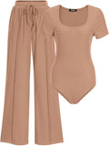 Womens Casual 2 Piece Ribbed Knit Bodysuit Set - Comfortable Everyday