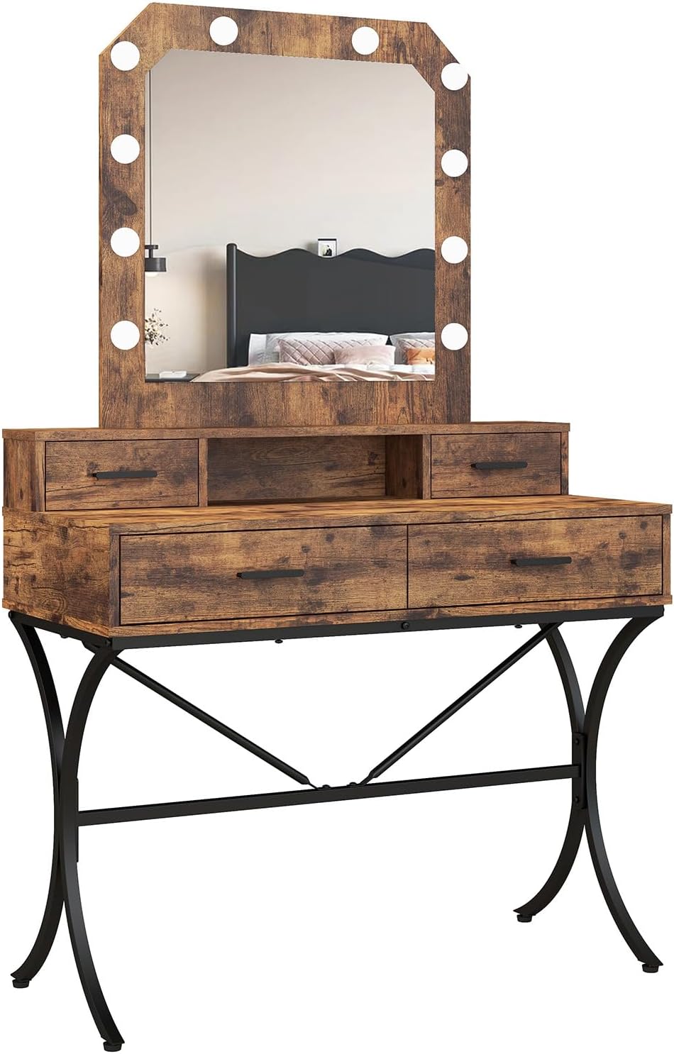 Panana Modern Lighted Vanity Table - 10 Lights, 4 Drawers, Brown