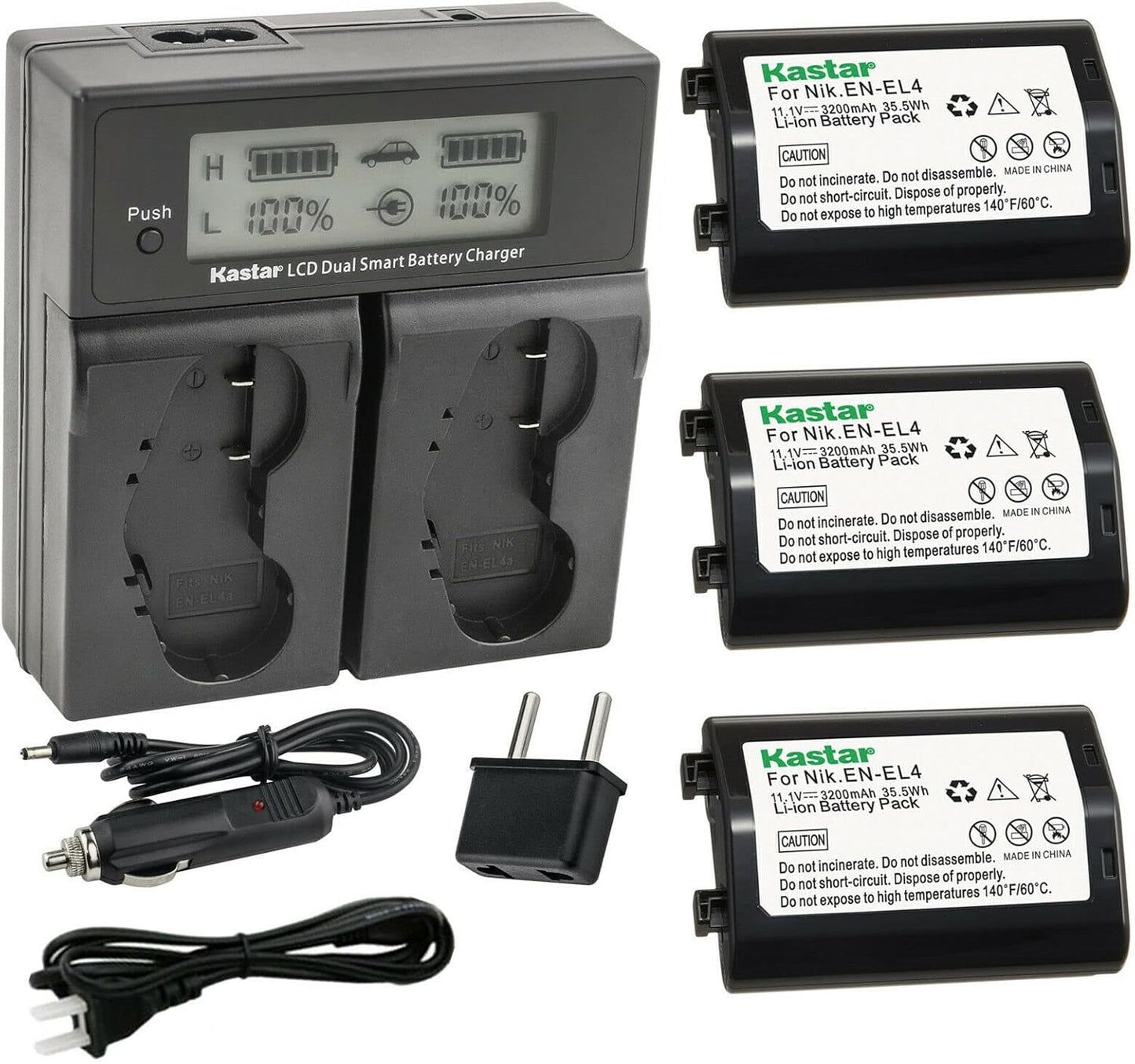 Kastar 3-Pack EN-EL4a Battery and Dual Fast Charger for Nikon