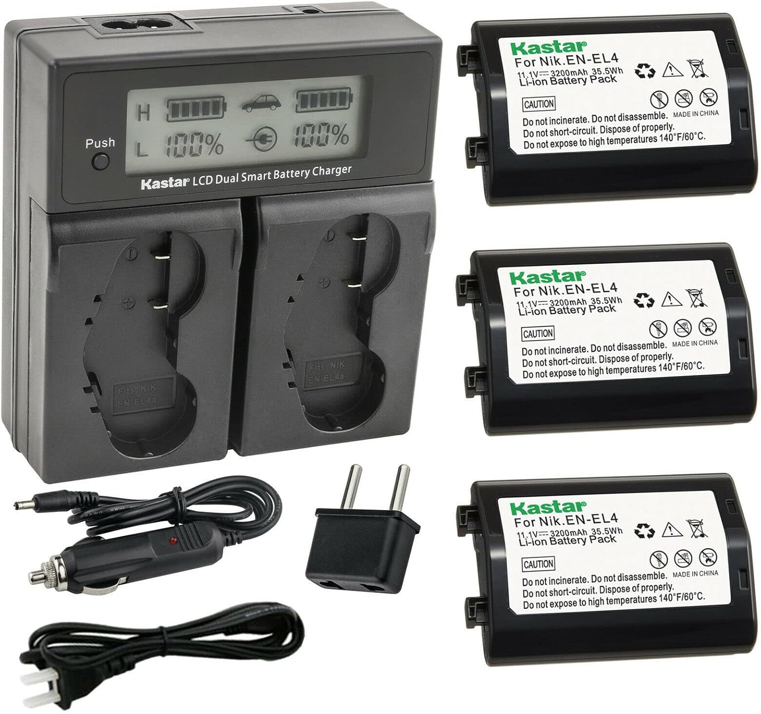Kastar 3-Pack EN-EL4a Battery and Dual Fast Charger for Nikon