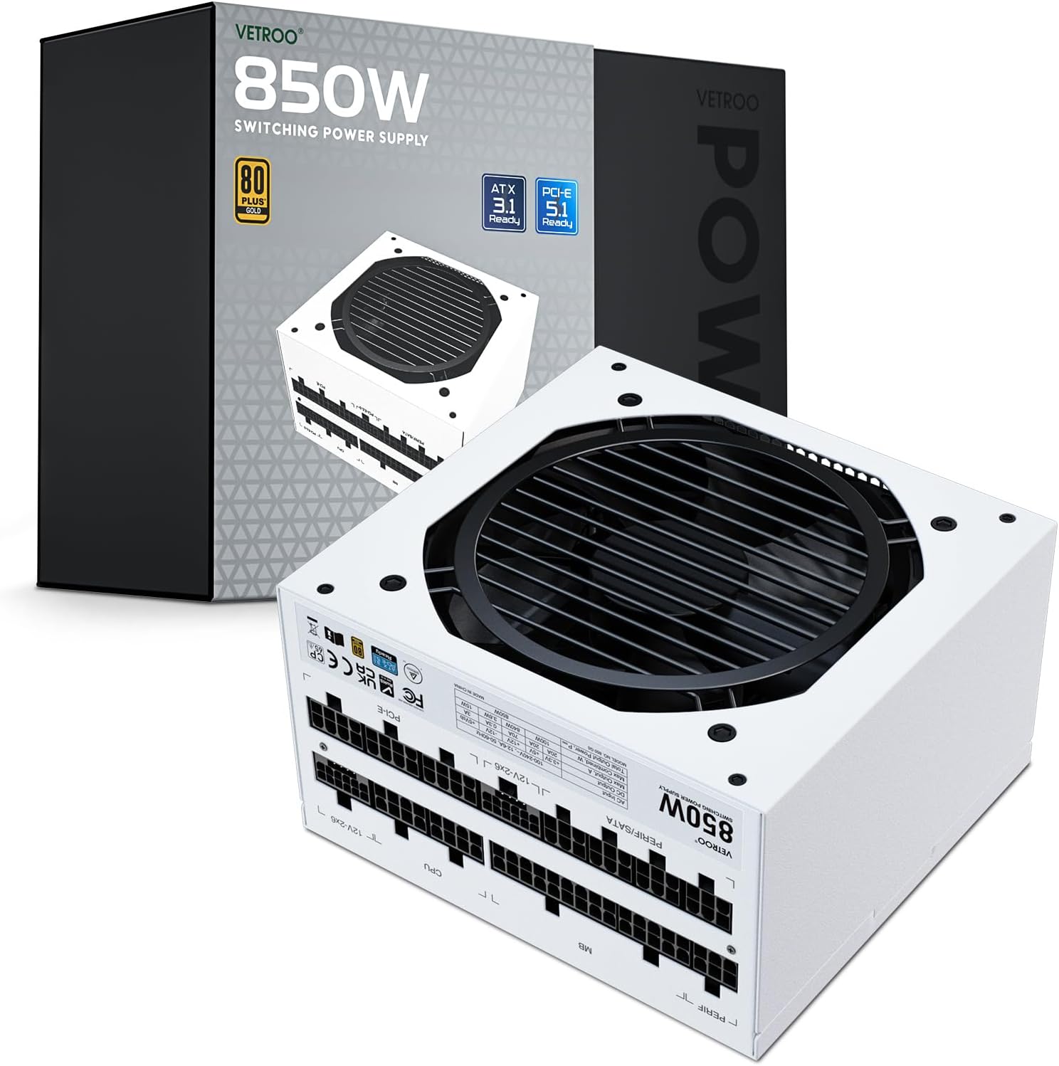 Vetroo 850W PSU Dual PCIe, 80+ Gold, Quiet 120mm Fan