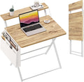 GreenForest Folding Desk for Small Spaces - Compact 2-Tier Oak