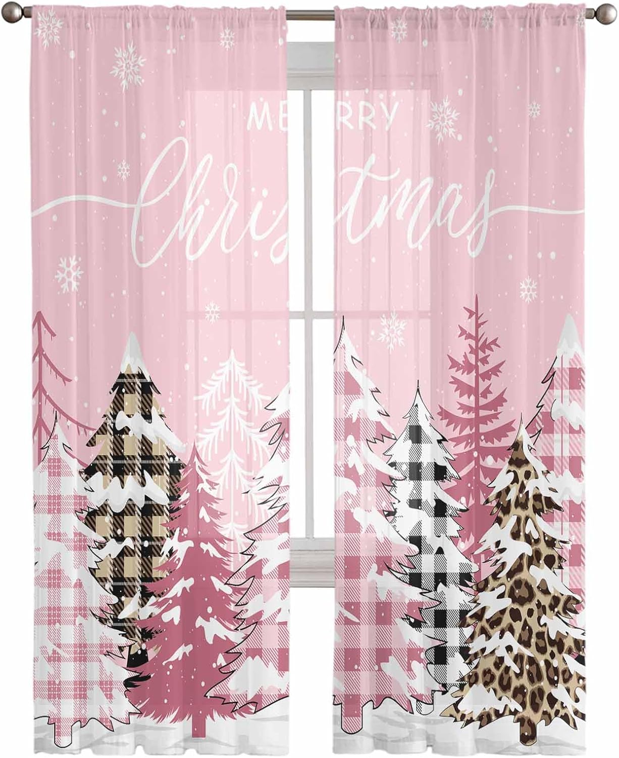 Christmas Plaid & Leopard Sheer Curtains Set