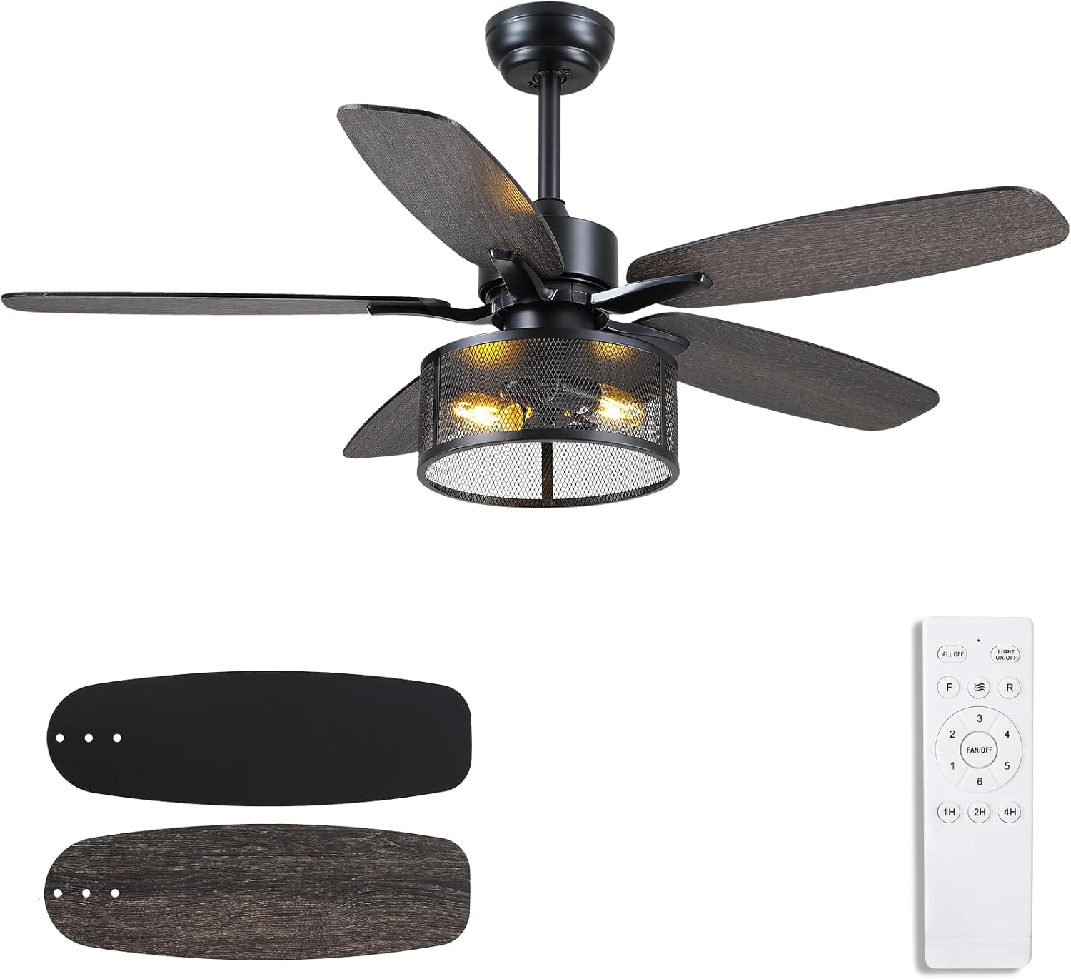 48in Black Farmhouse Ceiling Fan with Light and Remote Control