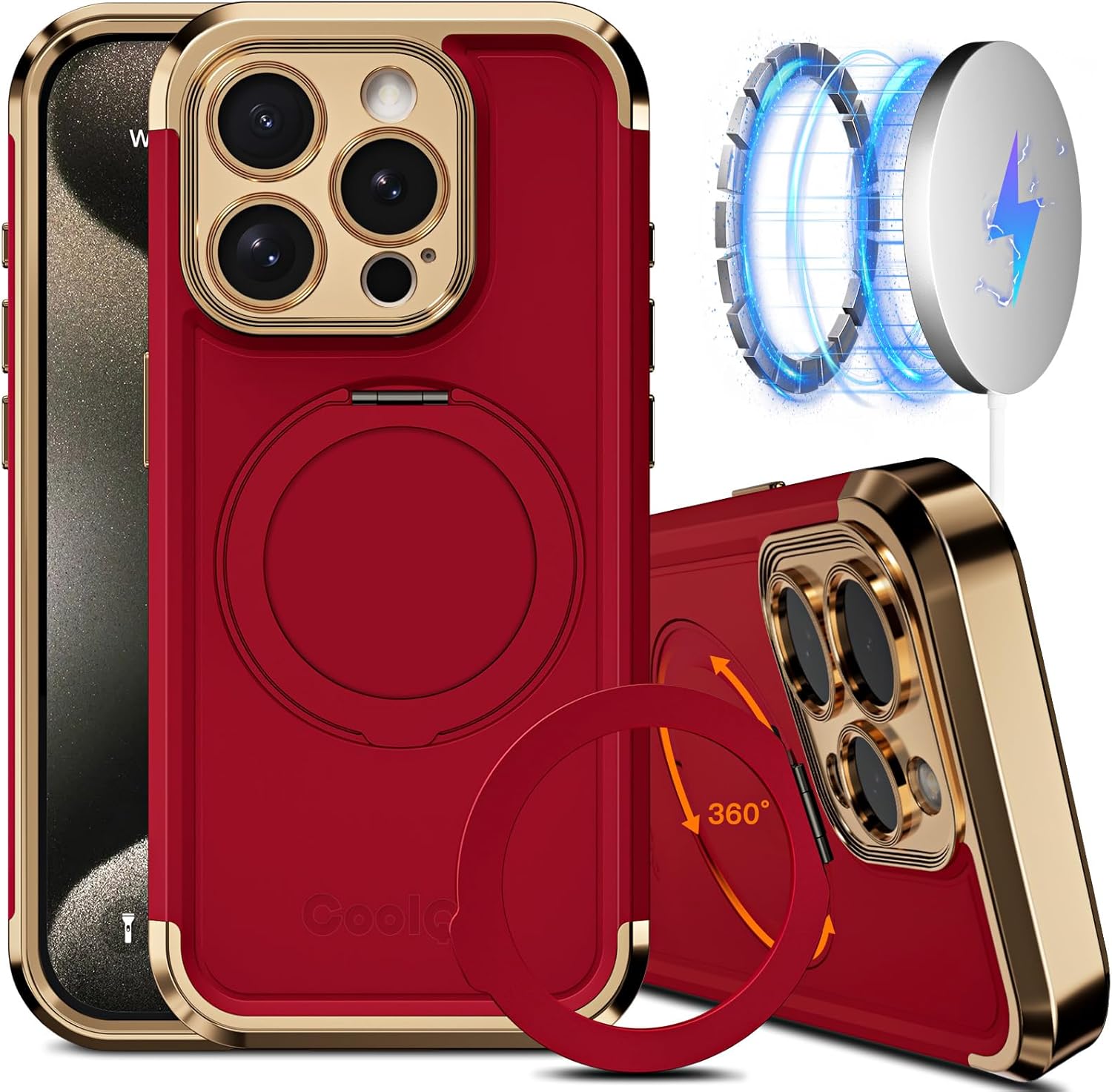 COOLQO iPhone 15 Pro Max Case with 360 Spin Magnetic Stand
