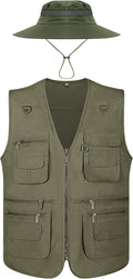 Men's Work Fishing Vest with Hat - Lightweight Multi-Pocket Set