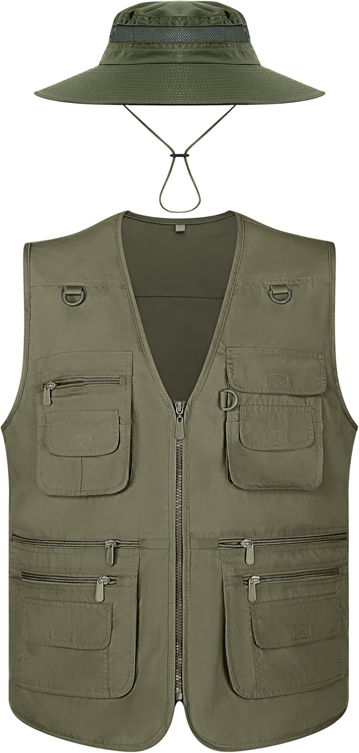 Janmercy Men's Work Fishing Vest and Hat for Outdoor Activities