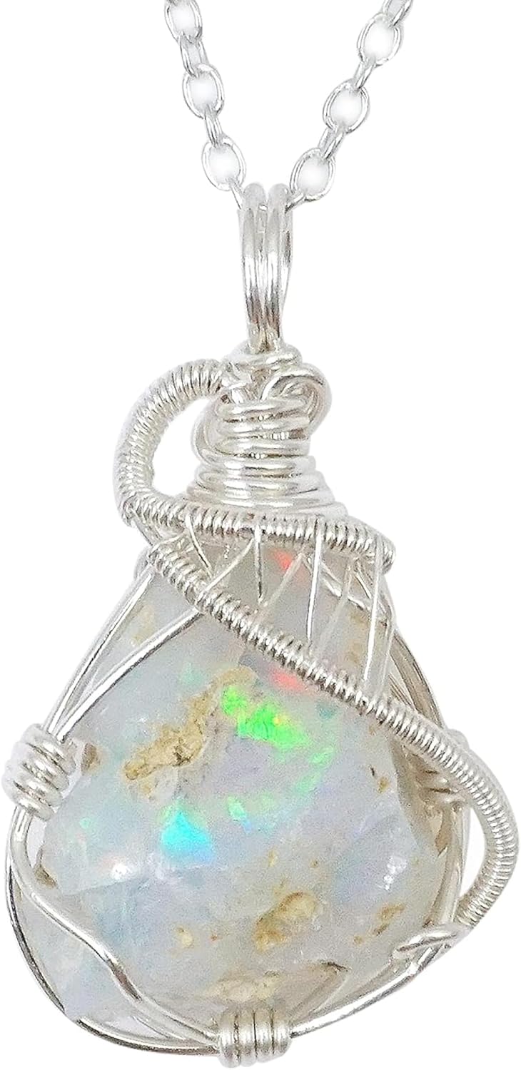 Handcrafted Raw Gemstone Necklace with Fire Opal in Silver