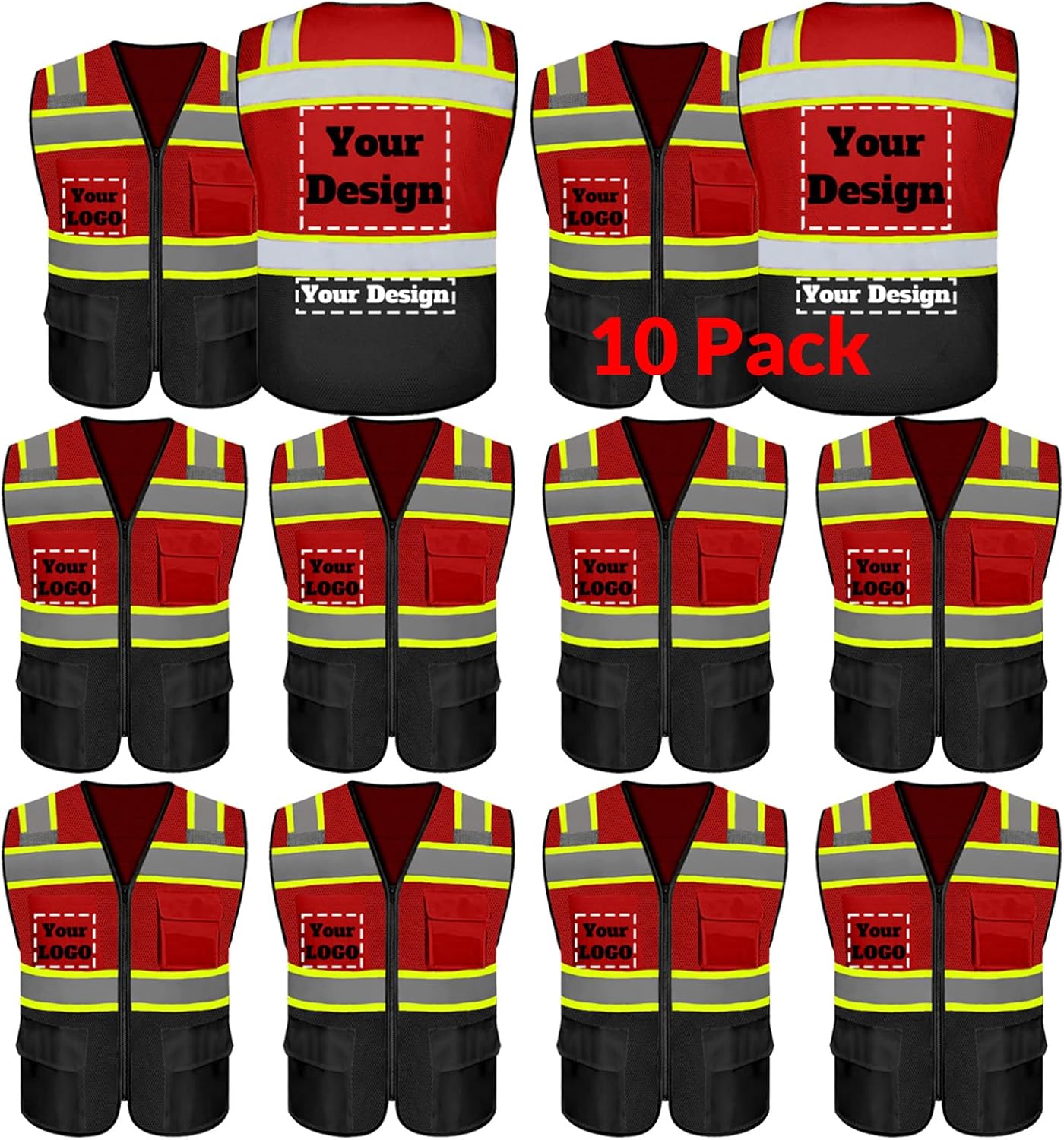 Custom Safety Vest with 5 Pockets & Zipper for High Visibility