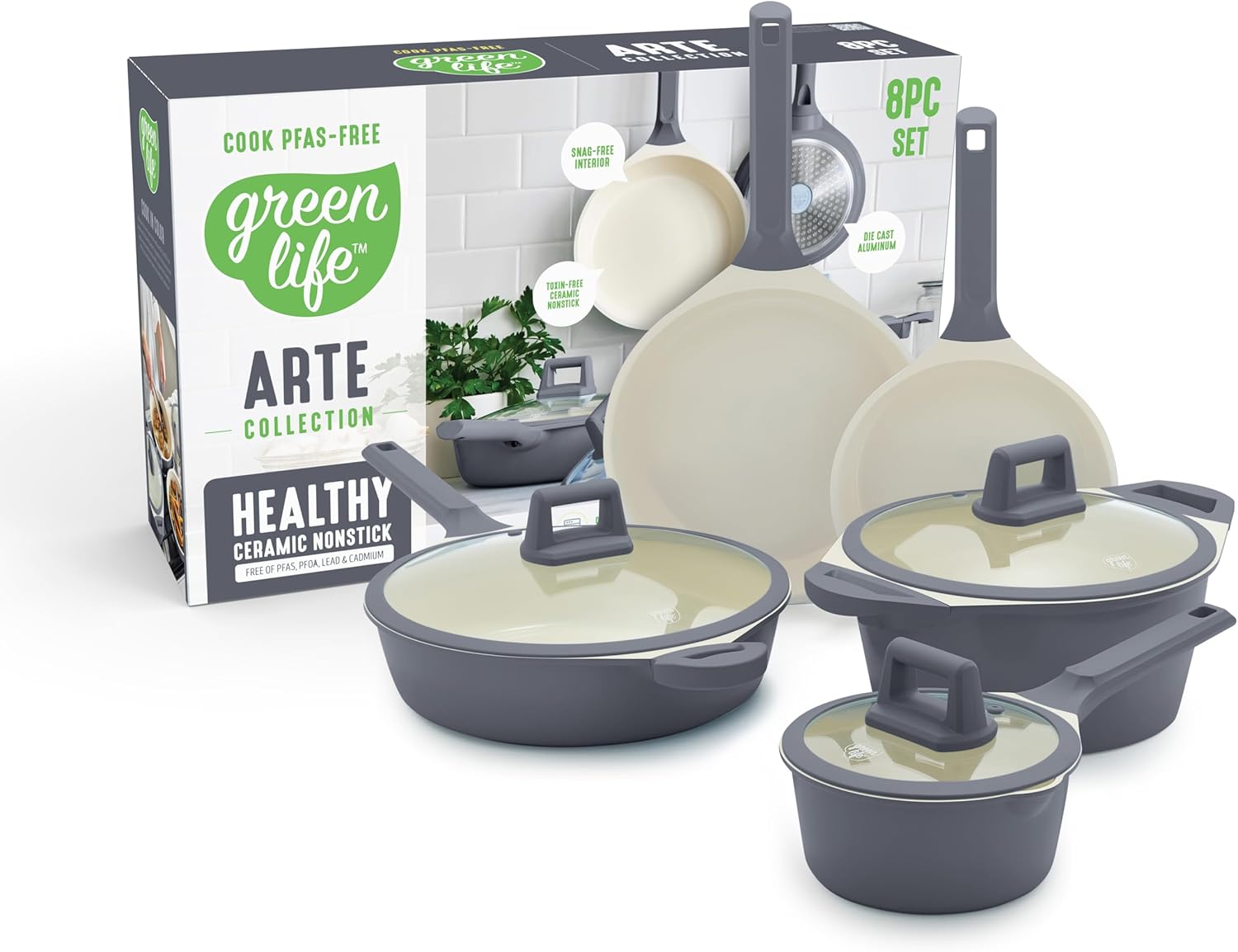 GreenLife 8 Piece Ceramic Nonstick Cookware Set for Healthy Cooking