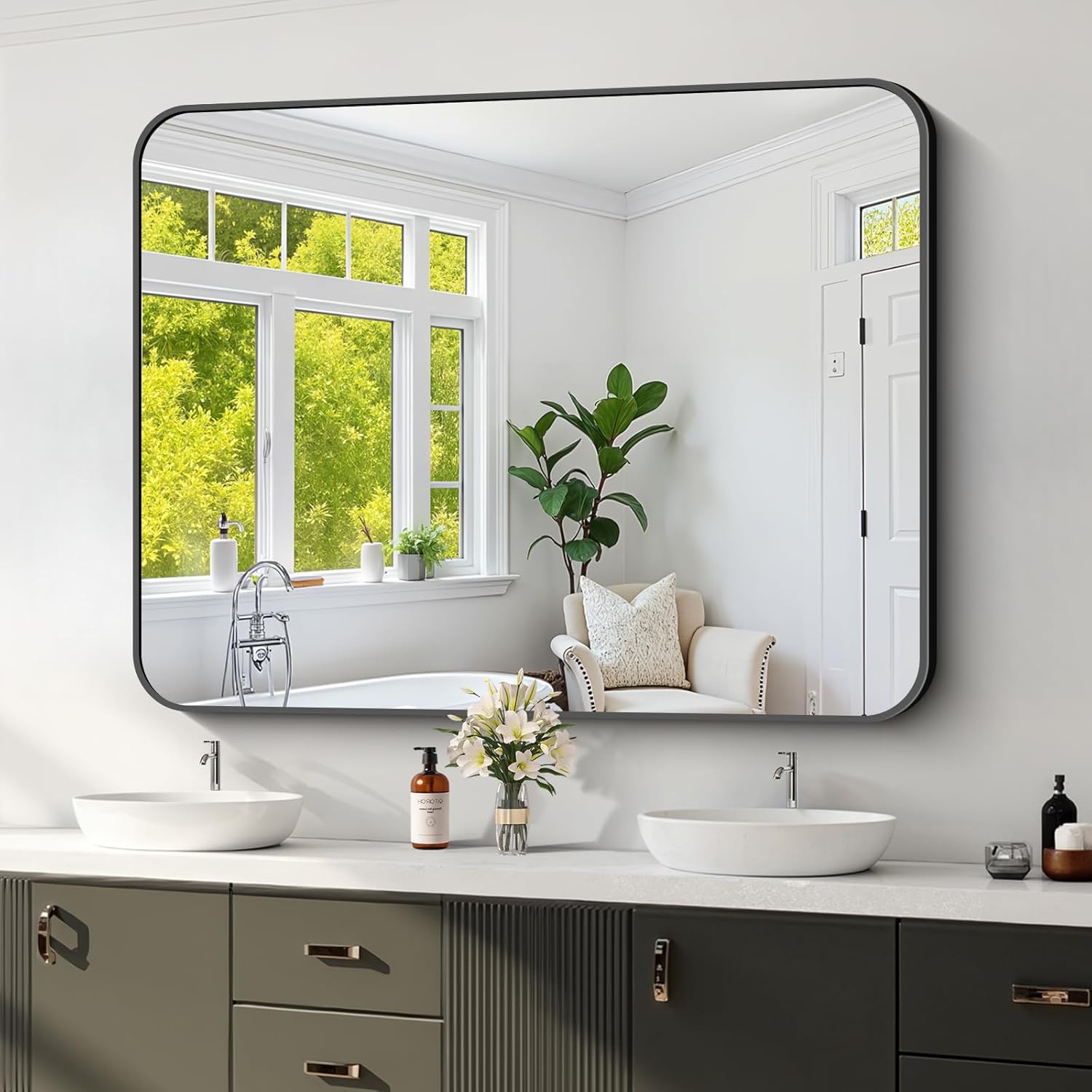 Koonmi Black Framed Bathroom Mirror - Modern Shatterproof Design