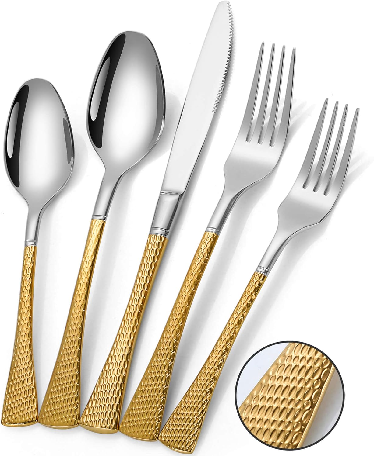 Hammered Silver Gold Silverware Set for 4 - 20 Piece Cutlery