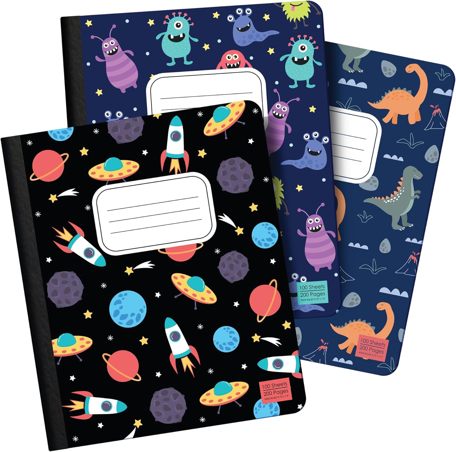 Set of 3 Wide Ruled Notebooks for Kids, 100 Pages, Cute Design, 9.75 x 7.5