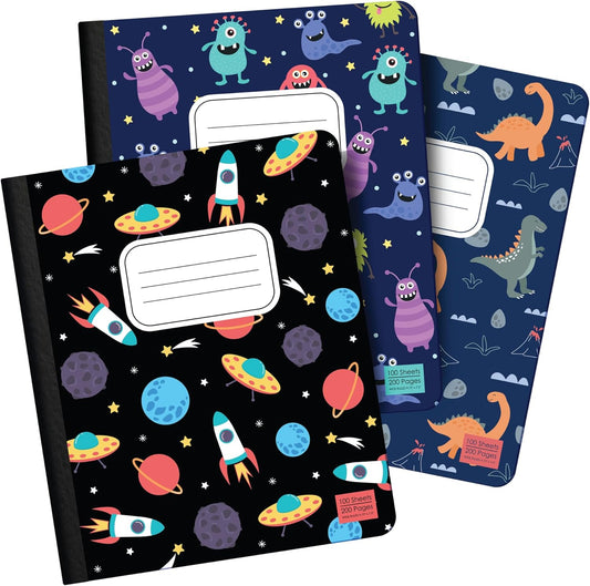 Set of 3 Wide Ruled Notebooks for Kids, 100 Pages, Cute Design, 9.75 x 7.5