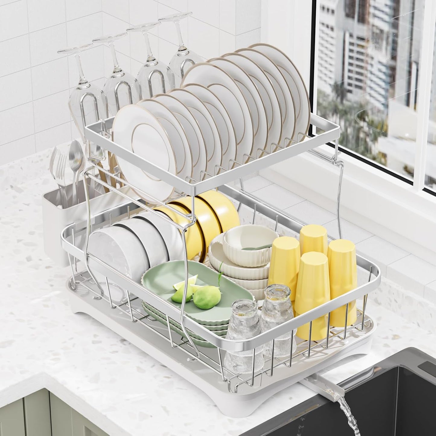 LIYI Large Dish Drying Rack for Kitchen Counter, 2-Tier Design
