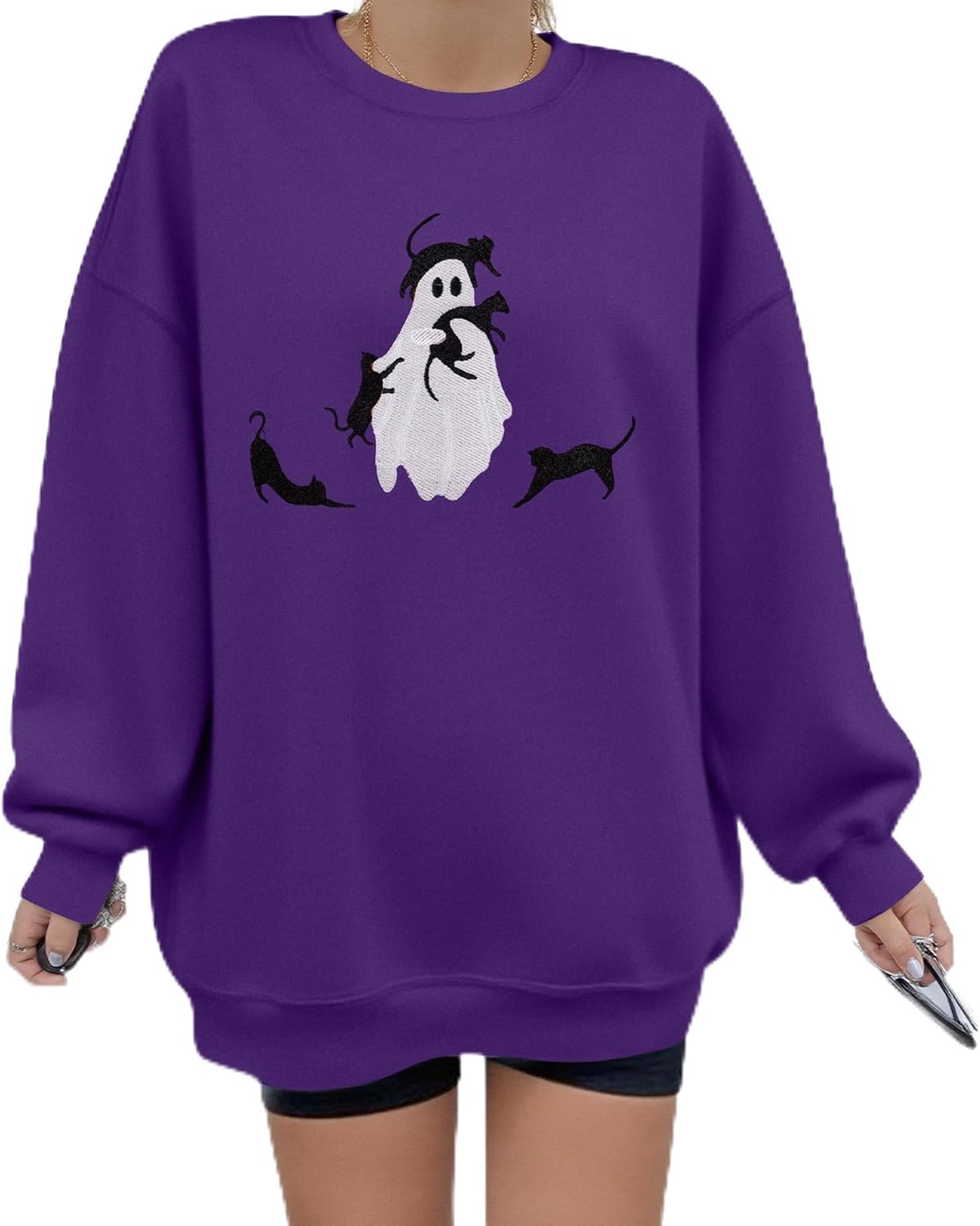 Halloween Spooky Season Sweatshirt Women: Oversized Black Cat