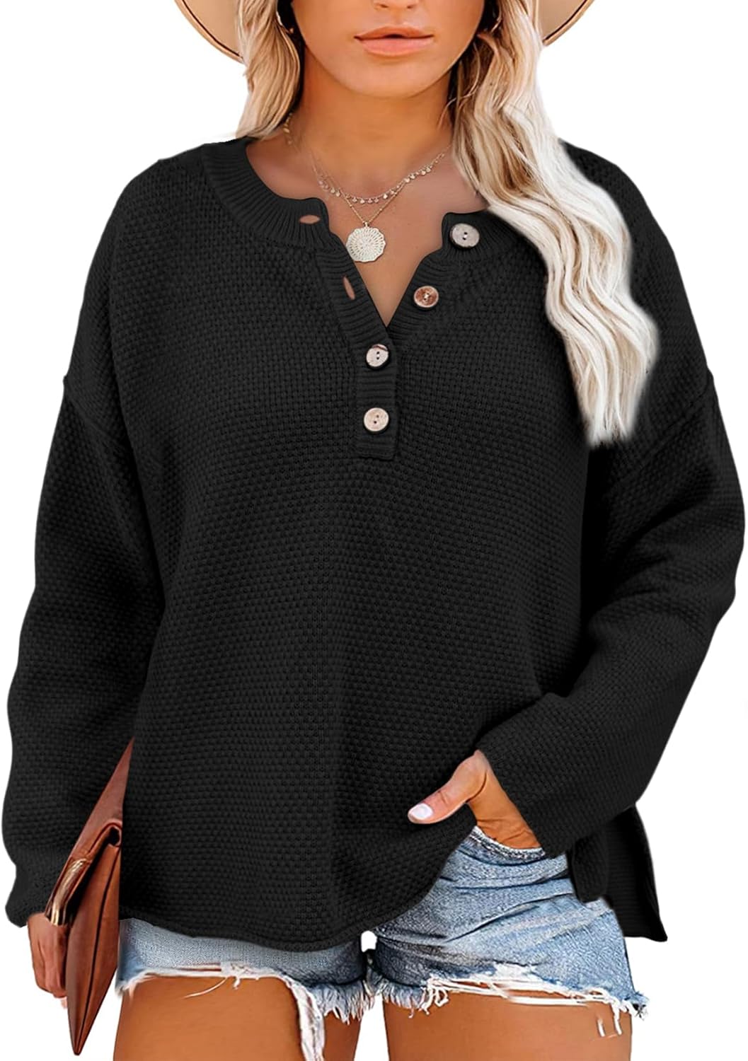 Eytino Womens Plus Size Sweaters Casual V Neck Button Henley Tops