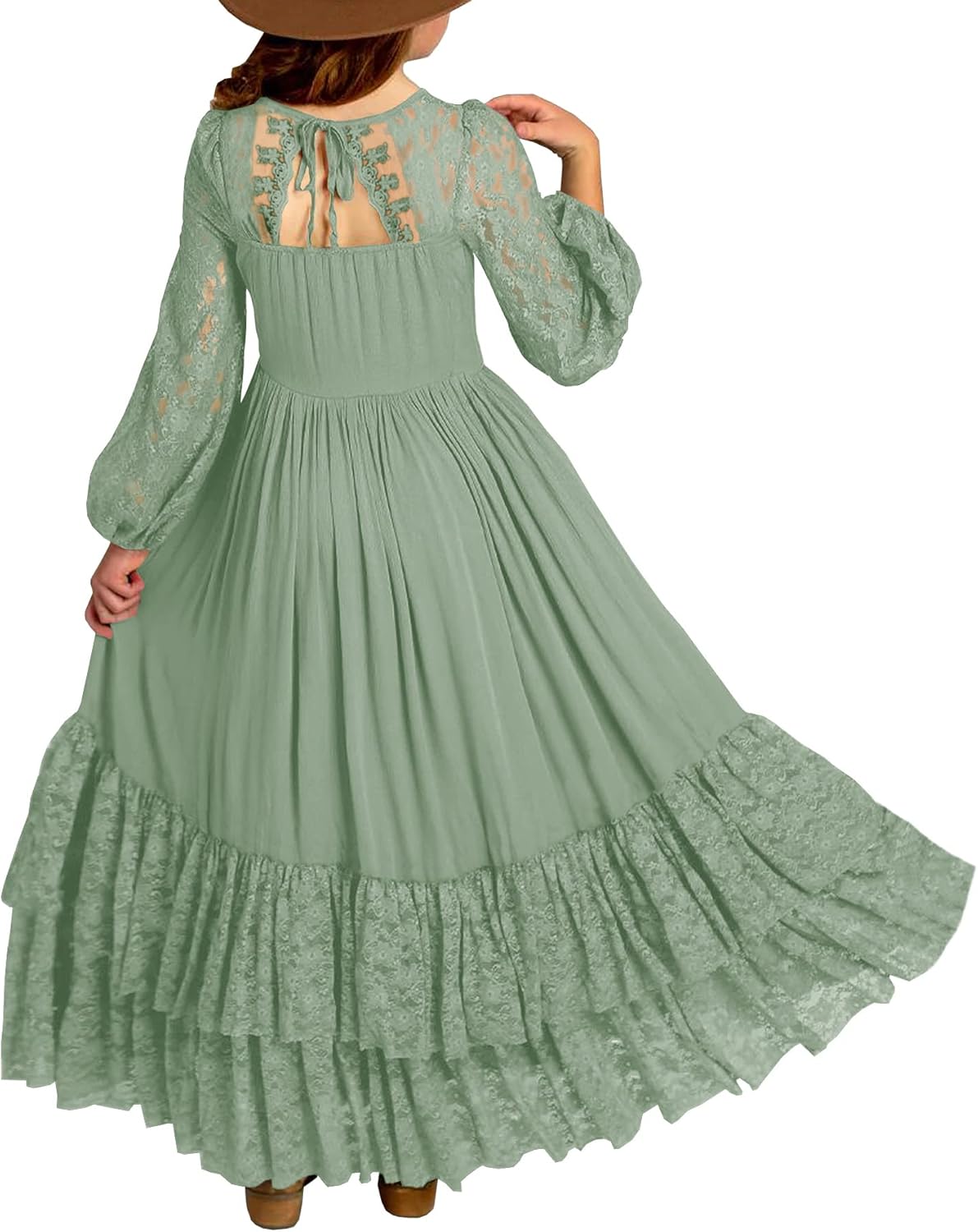 MITILLY Girls Boho Long Sleeve Backless Lace Maxi Dress