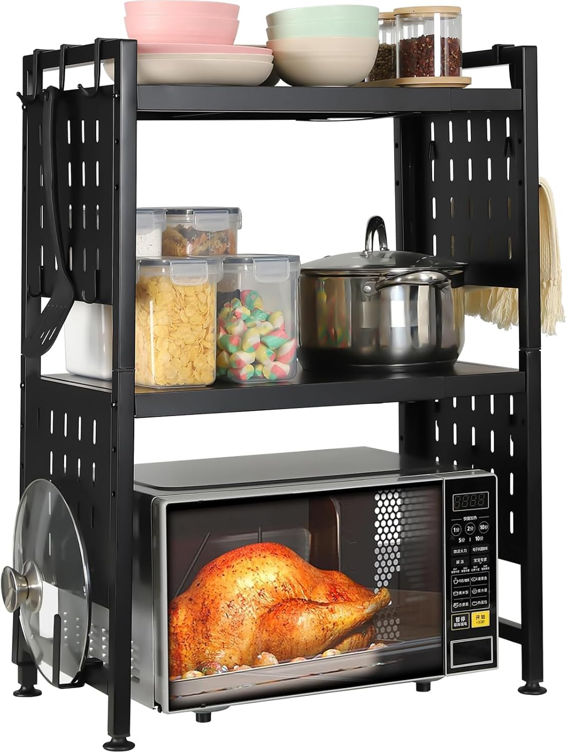 Adjustable 3-Tier Microwave Stand with Hooks & Pot Lid Holder