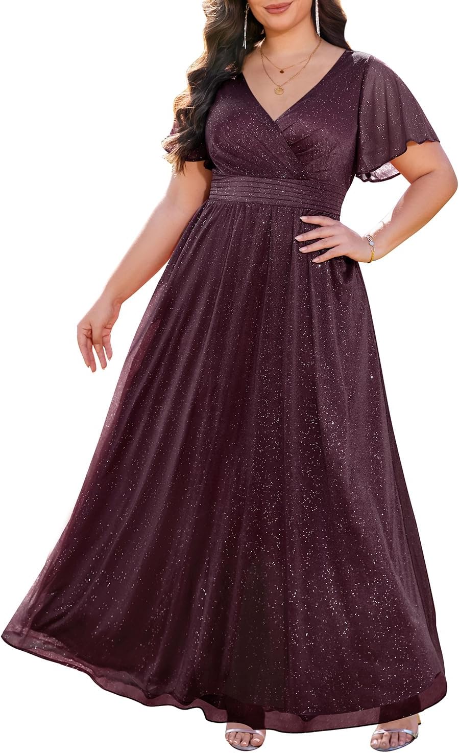 Plus Size Formal Dresses V Neck Flutter Sleeve Glitter Gowns